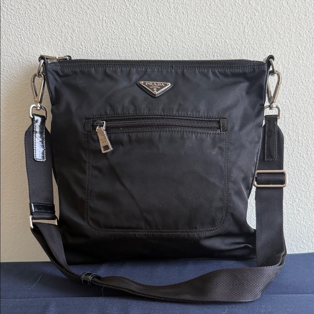 Vintage Prada Black Nylon Messenger Crossbody with Silver Hardware